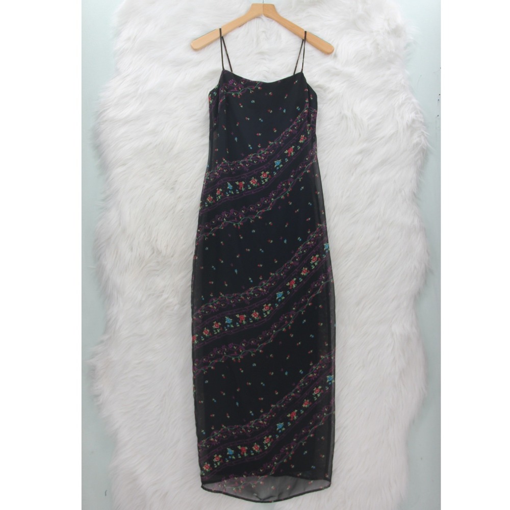 Vtg City Triangles 90's Y2k Maxi Column Dress Women's Juniors 5 Black Floral USA